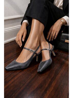 Stuart Weitzman Slingback Heels Gray Satin Pointed Toe Kitten Heel 9 M Designer